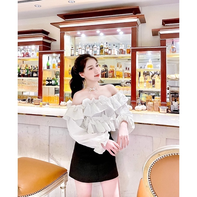 [ẢNH THẬT 100%] Áo trễ vai tay bồng bèo croptop siêu xinh, áo hở vai trắng bánh bèo tiểu thư - Shyn Closet
