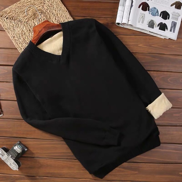 Áo len nam lót lông bên trong siêu ấm 1 màu loại cổ tròn hoặc cổ tim