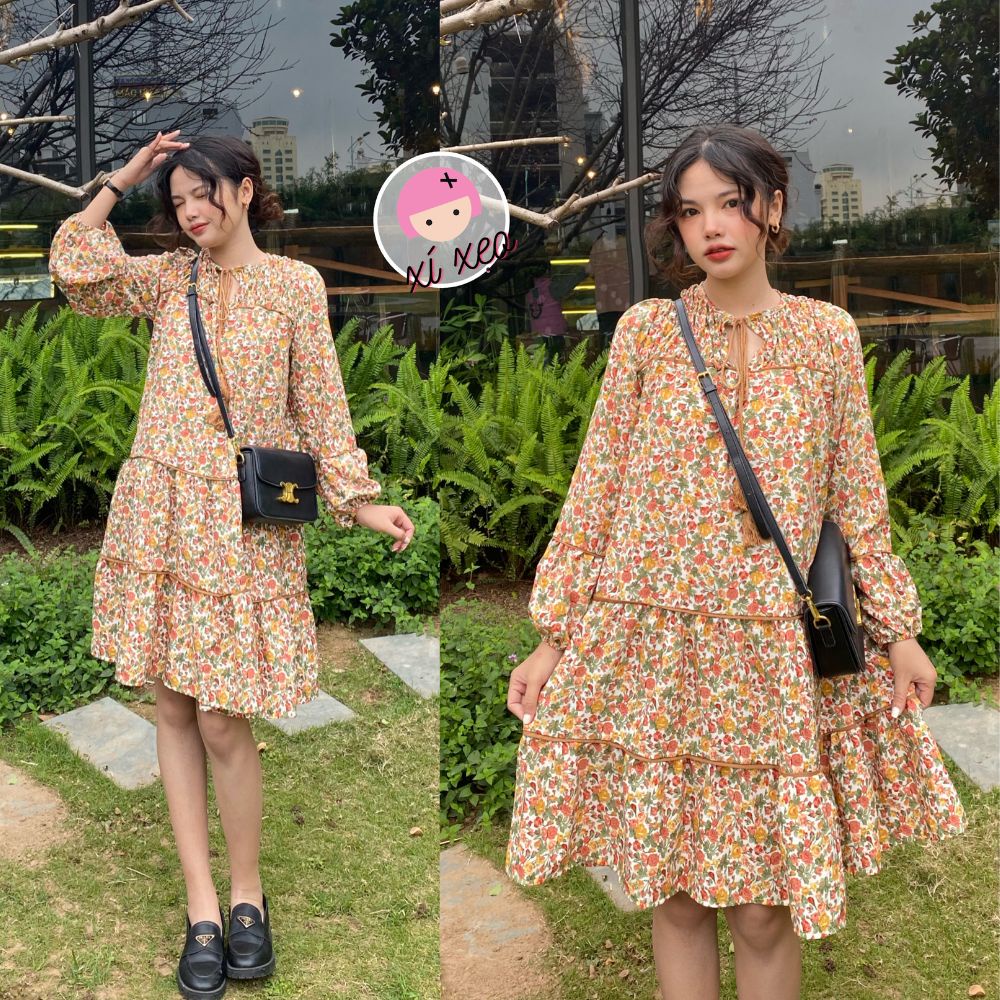 Váy hoa nhí vintage bohemian, đầm dáng suông babydoll xixeoshop - v108