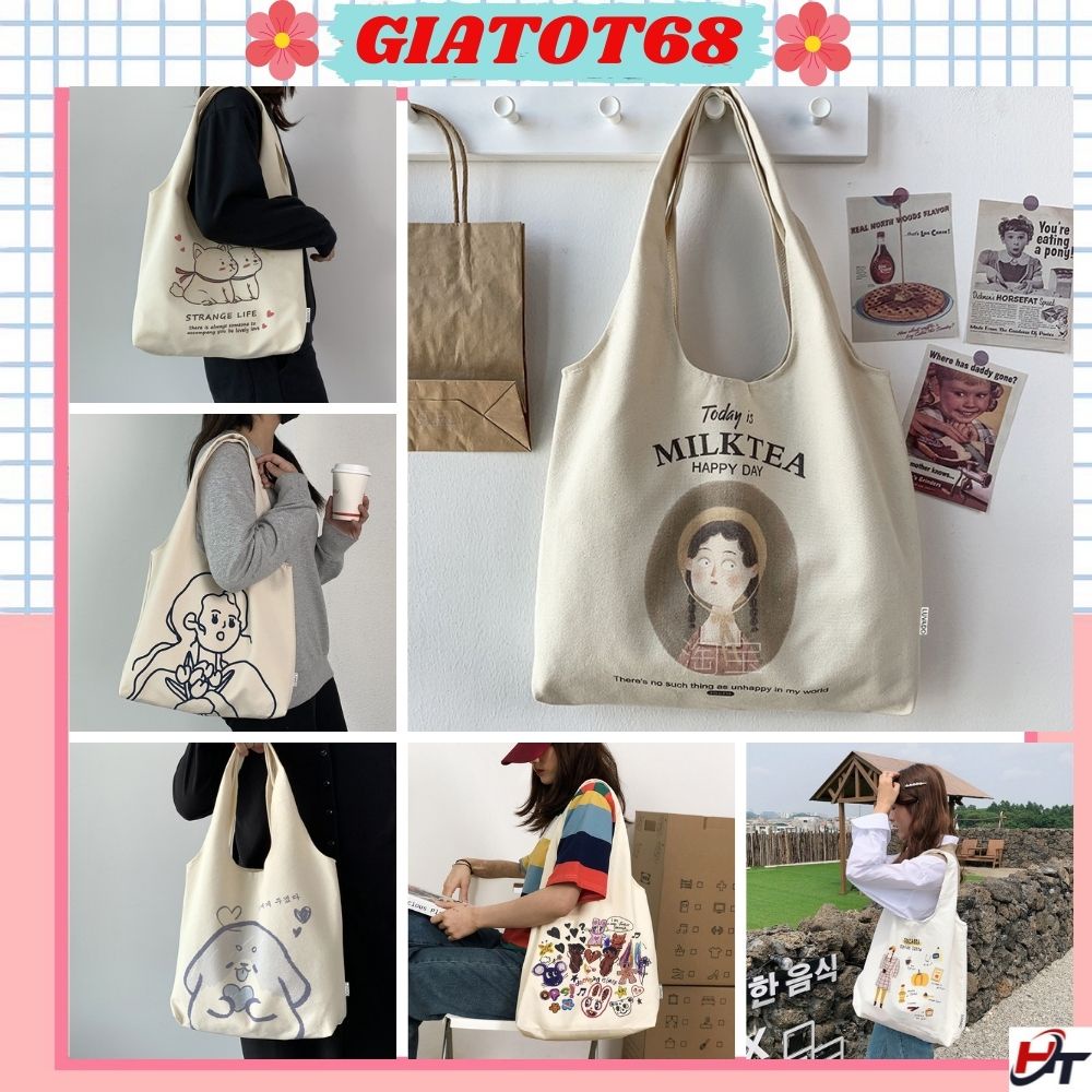 Túi xách nữ đeo chéo vải canvas liền thân in hoạ tiết ngộ nghĩnh Giatot68 556