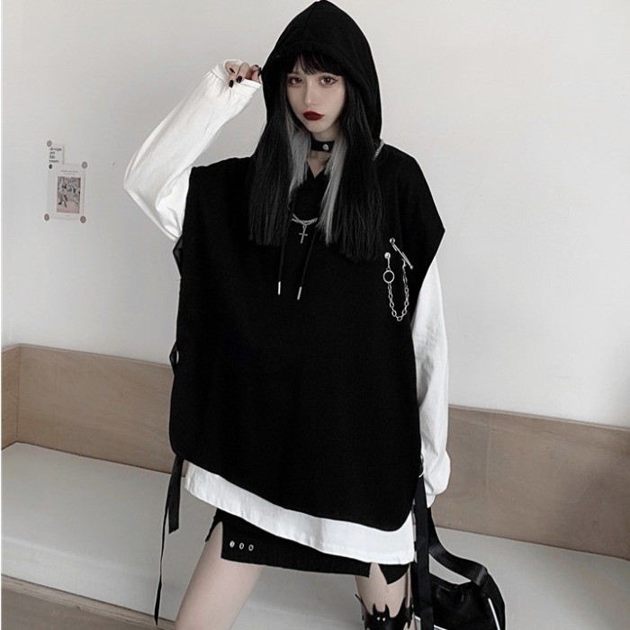 Set Áo Hoodie Sát Nách Form Rộng + Áo Thun Tay Dài Phong Cách Retro Đường Phố