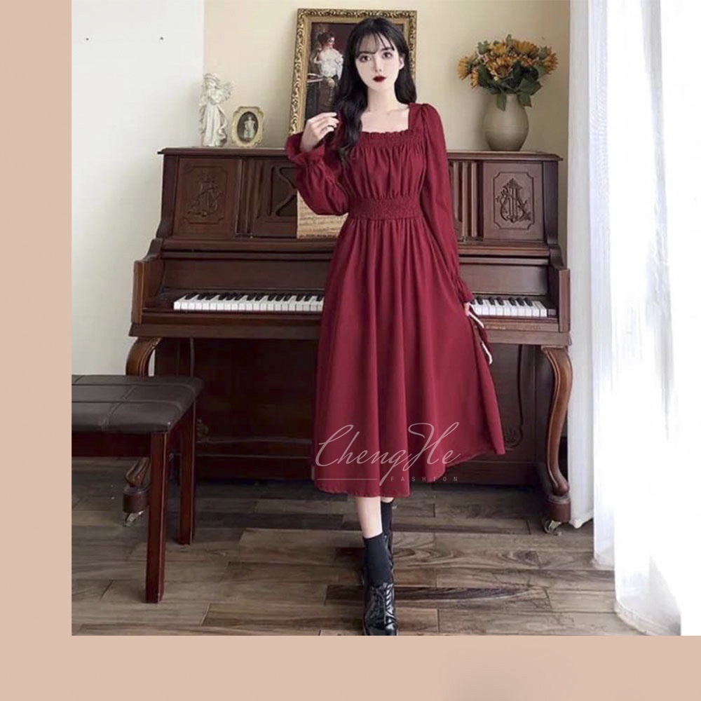 (SẴN) Váy thu đông dáng dài cổ vuông, với điểm nhấn chun ôm eo tôn dáng/ đầm nhẹ nhàng với khí chất cổ tích V00137