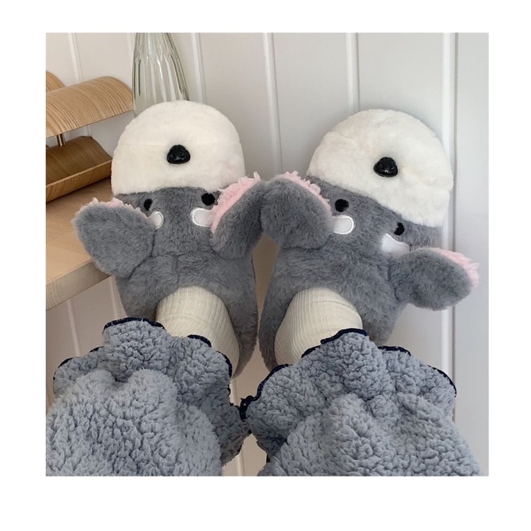 Dép bông gấu xám có tai cute đế xốp lông mịn chống trơn đi được cả ngoài đường
