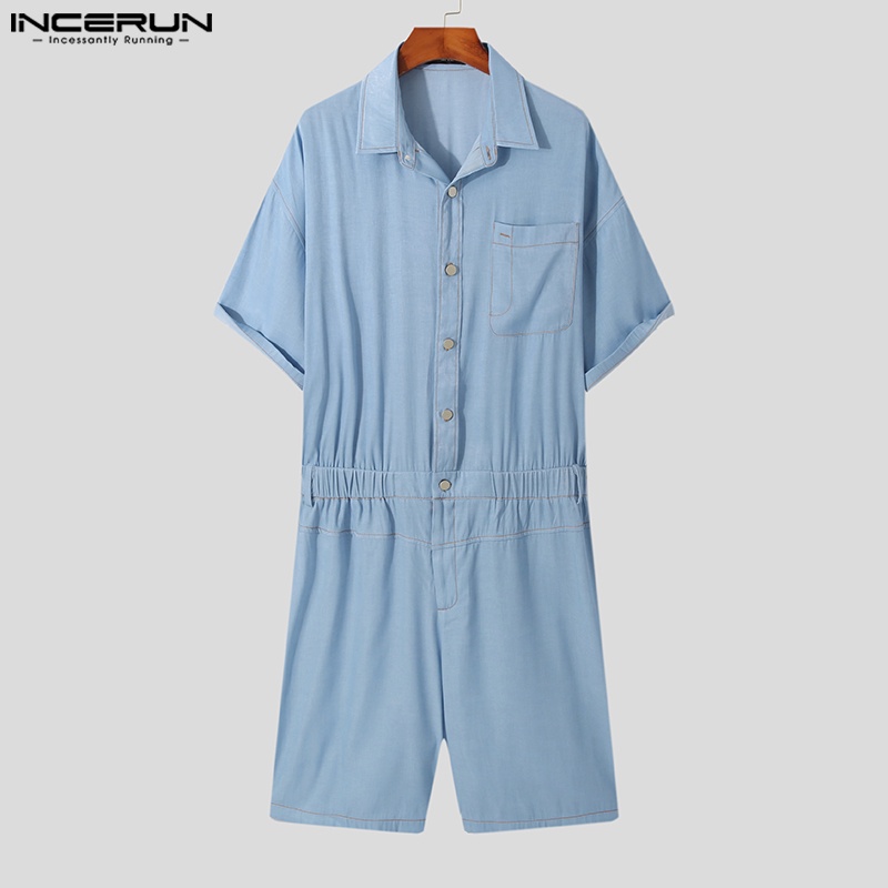 Jumpsuit denim INCERUN ngắn tay phối nút thời trang mùa hè cho nam