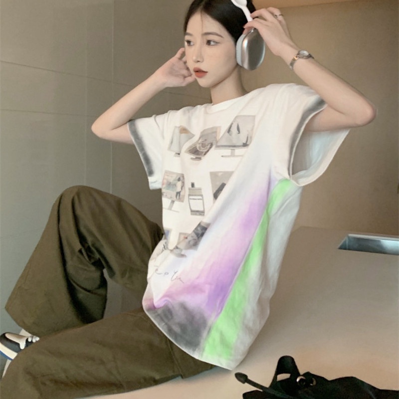 Áo Thun Tay Ngắn Dáng Rộng In Hình Tranh Vẽ Vui Nhộn Hợp Thời Trang Hè