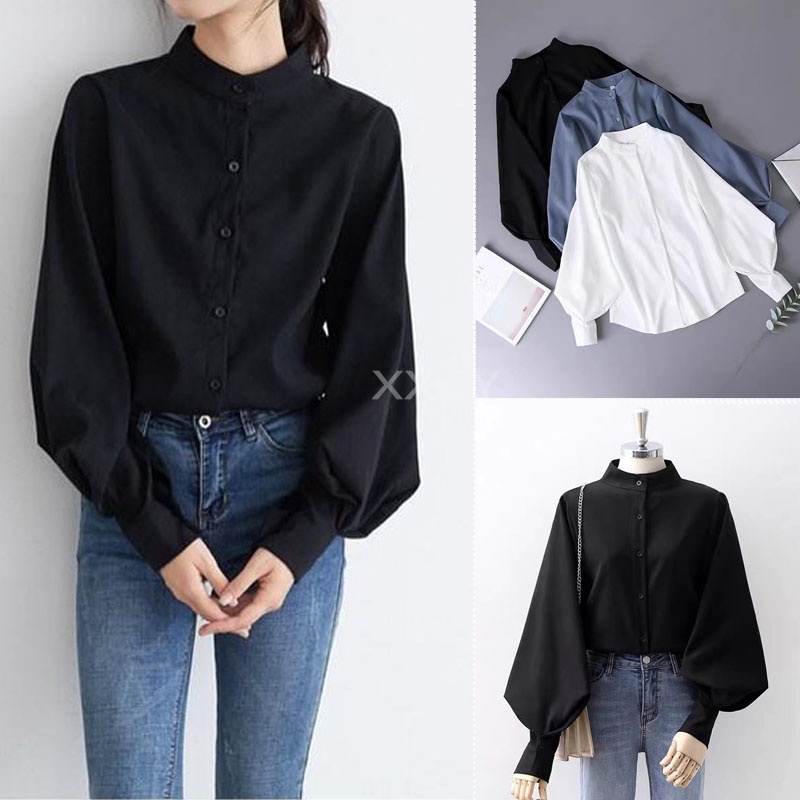 Áo Sơ Mi Tay Dài Cổ Đứng Màu Trắng Tay Phồng Cổ Đứng Phong Cách Hàn Quốc Cho Nữ，áo sơ mi nữ form rộng