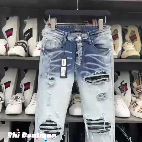 Quần jean bò nam Amiri slimfit xanh bạc rách vá da nhăn gân đen may sát viền đùi gối 4 cúc cài cao cấp QJ210P | BigBuy360 - bigbuy360.vn
