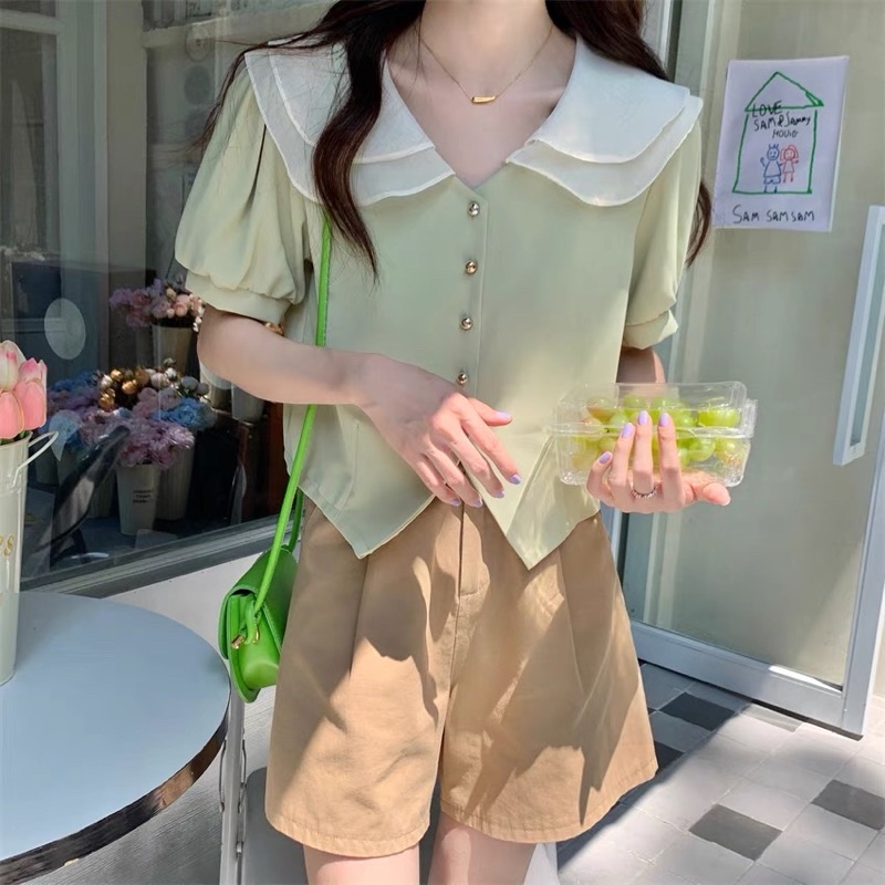 Áo búp bê voan tơ dáng cộc cổ bèo màu xanh chic Hàn Quốc