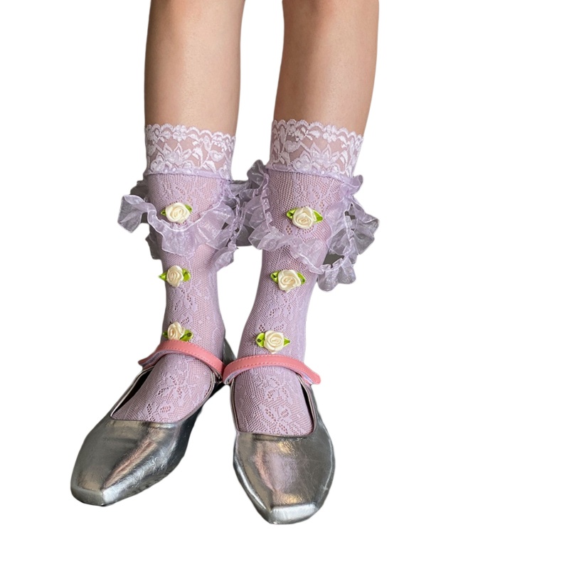 1 Đôi Tất Lưới Mỏng Phối Hoa Rỗng Thoáng Khí Phong Cách Lolita Nhật Bản Cho Nữ