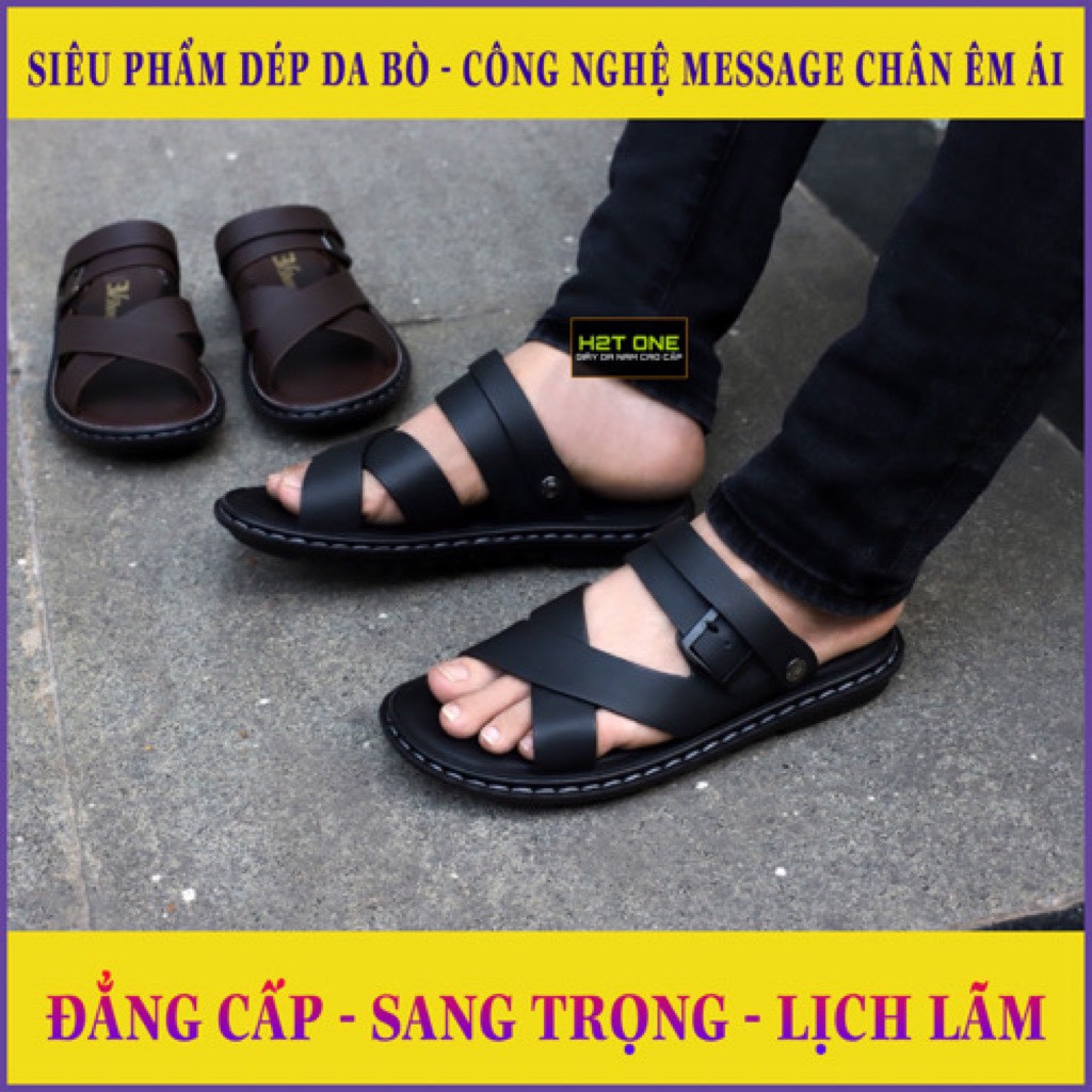 Dép da nam cao cấp - da bò mềm mại - đế massage chân êm ái HT586