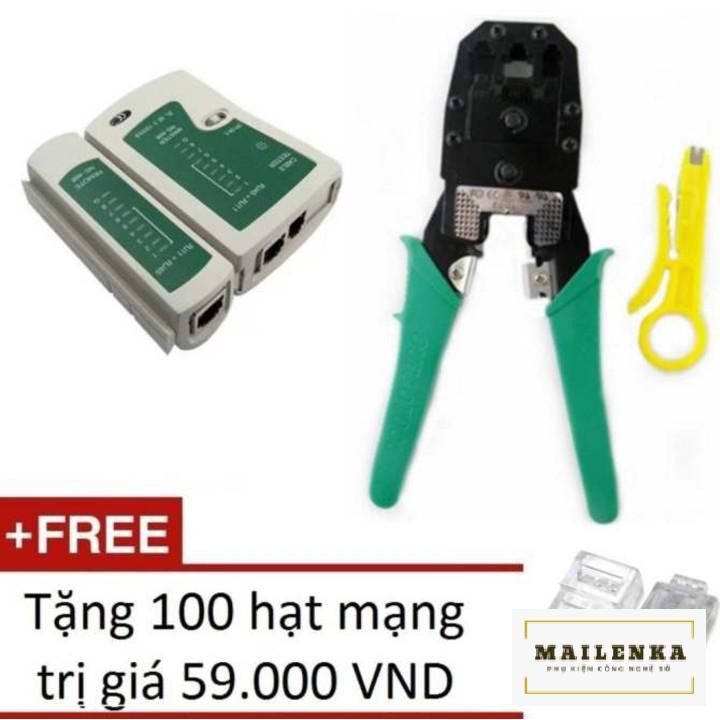 Combo bộ 3 món : Kìm bấm mạng + hộp test mạng + 100 đầu bấm dây mạng COB