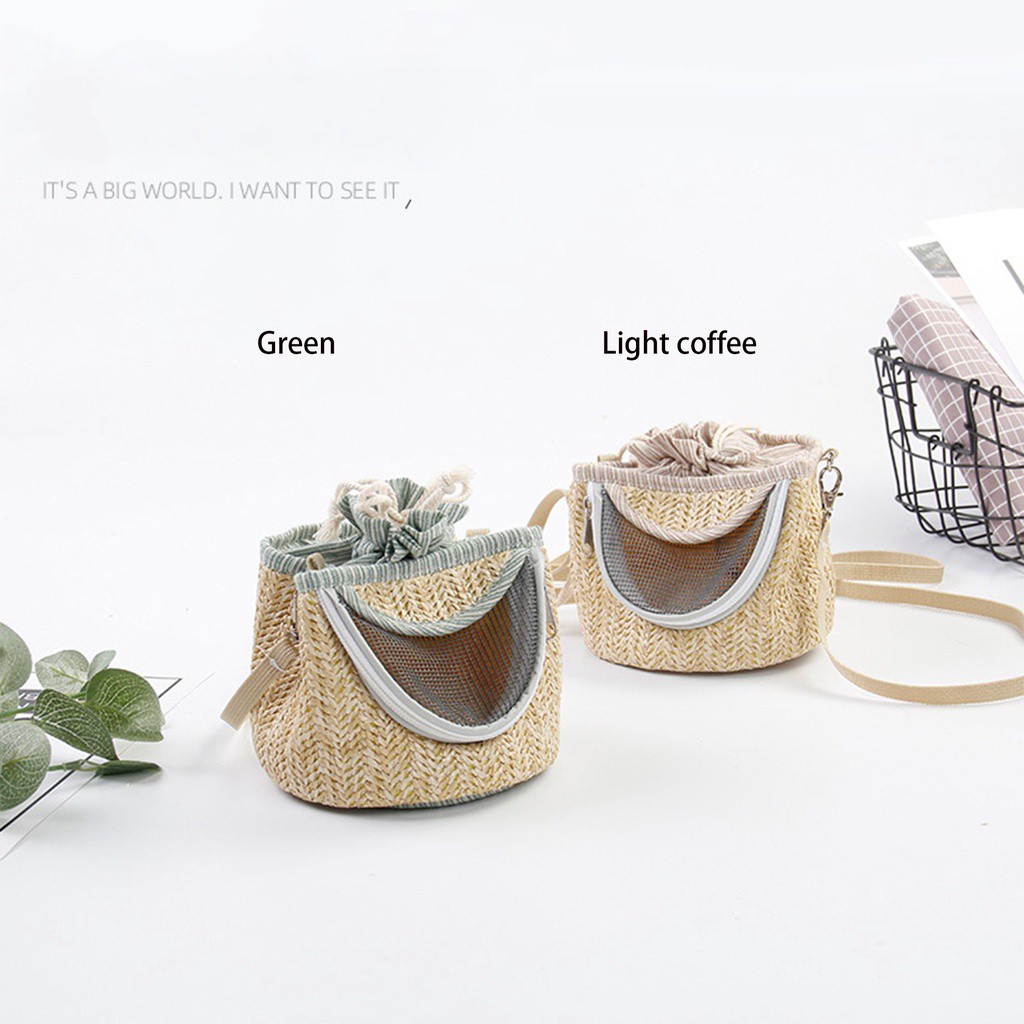Túi Đeo Vai Bằng Rơm Phối Lưới Thoáng Khí Màu Sắc Cà Phê Cho Hamster/ Sóc/ Thú Cưng