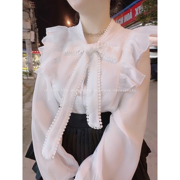 Áo sơ mi cổ nơ đính ngọc | BigBuy360 - bigbuy360.vn