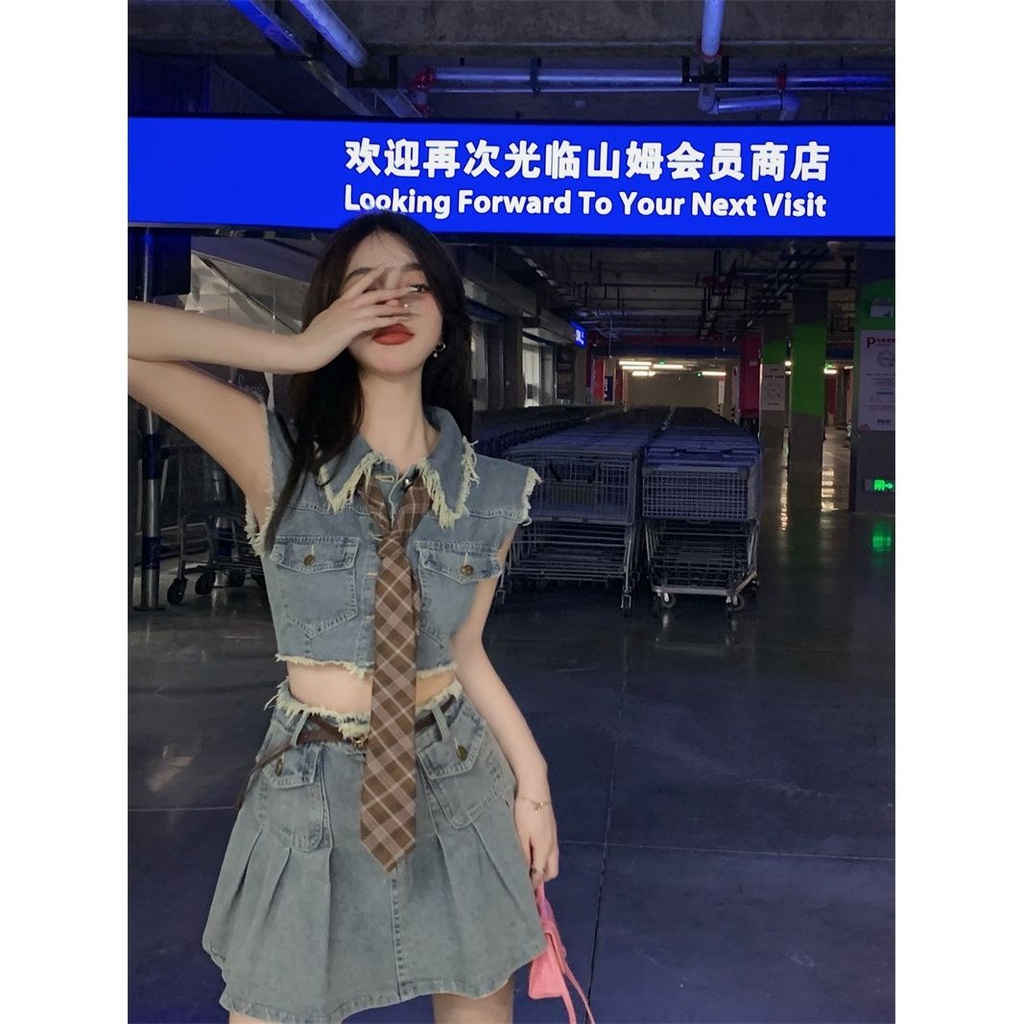 JSC Set Áo Váy Denim Chữ a Lưng Cao Phong Cách Hong Kong Thời Trang Mùa Hè Hàng Mới Dành Cho Bạn Nữ