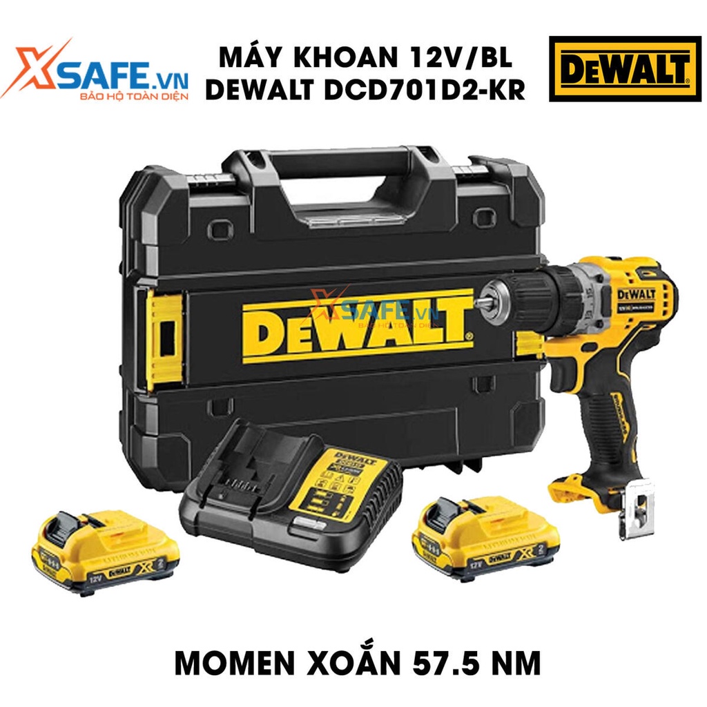 Máy khoan cầm tay 12V/BL DEWALT DCD701D2-KR tặng kèm 2 pin và 1 sạc, momen xoắn 57.5NM, tốc độ không tải 0-450/0-1500v/p