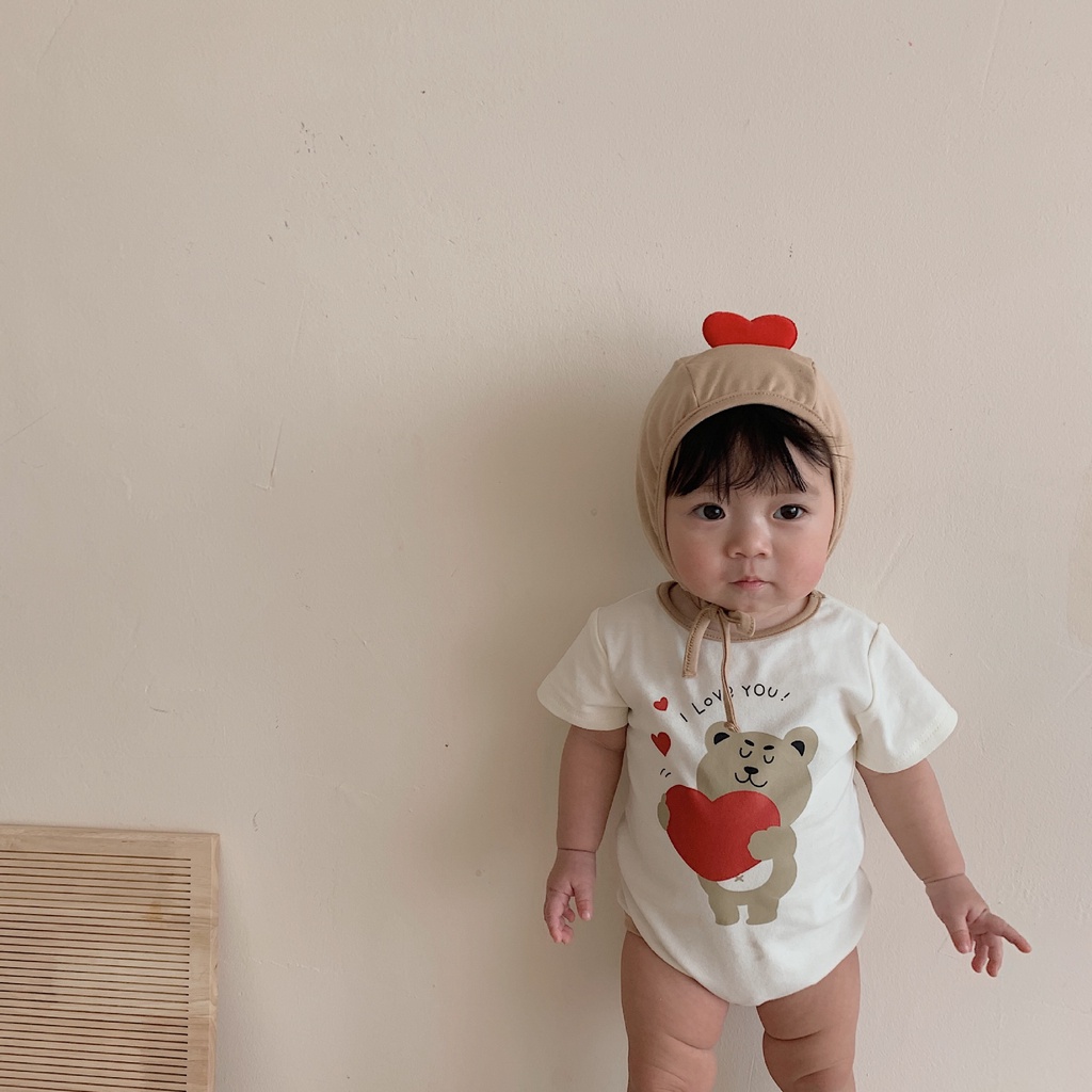 Bộ 2 Món Áo Liền Quần Tay Ngắn In Hình Chú Gấu + Nón Trái Tim 3D Thời Trang Mùa Hè Cho Bé 0-24 Tháng Tuổi