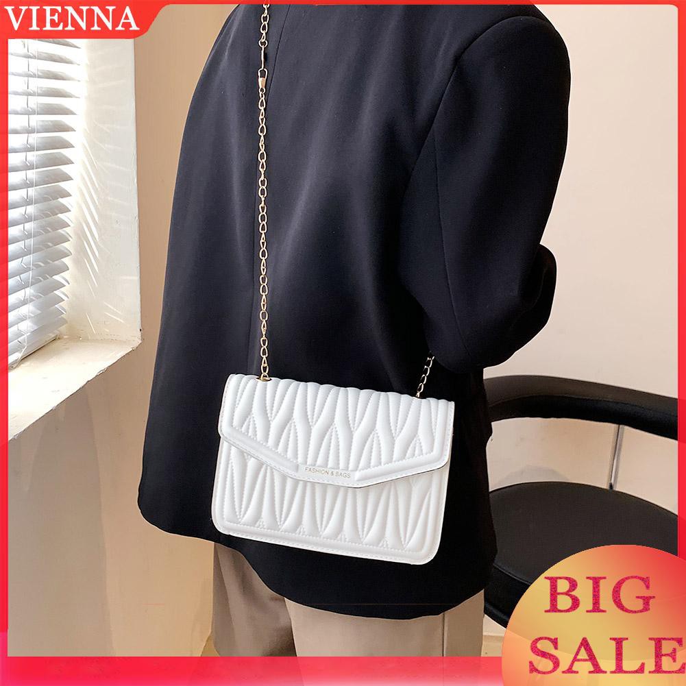 Vintage Women PU Pleated Pattern Crossbody Bag Casual Chain Shoulder Bags