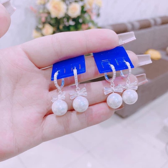 BÔNG TAI BẠC ĐÍNH NƠ TRAI CAO CẤP