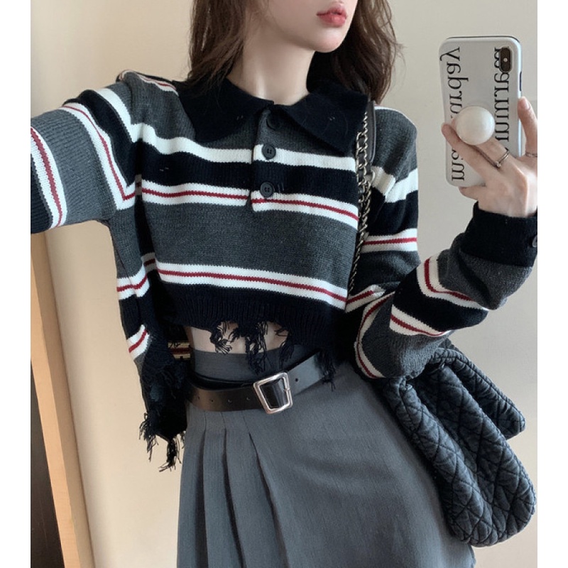 Áo Sweater Cổ polo Tay Dài Họa Tiết Kẻ Sọc Màu Sắc Tương Phản Thời Trang Mùa Thu Dễ Phối Đồ Cho