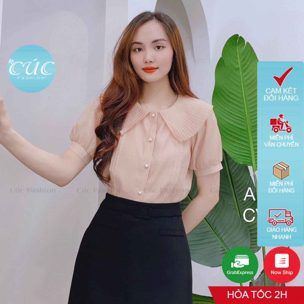 Áo sơ mi nữ CÚC FASHION somi tay ngắn cao cấp lụa đẹp kiểu xếp ly công sở trắng đi học áo cổ dập quạt A1108