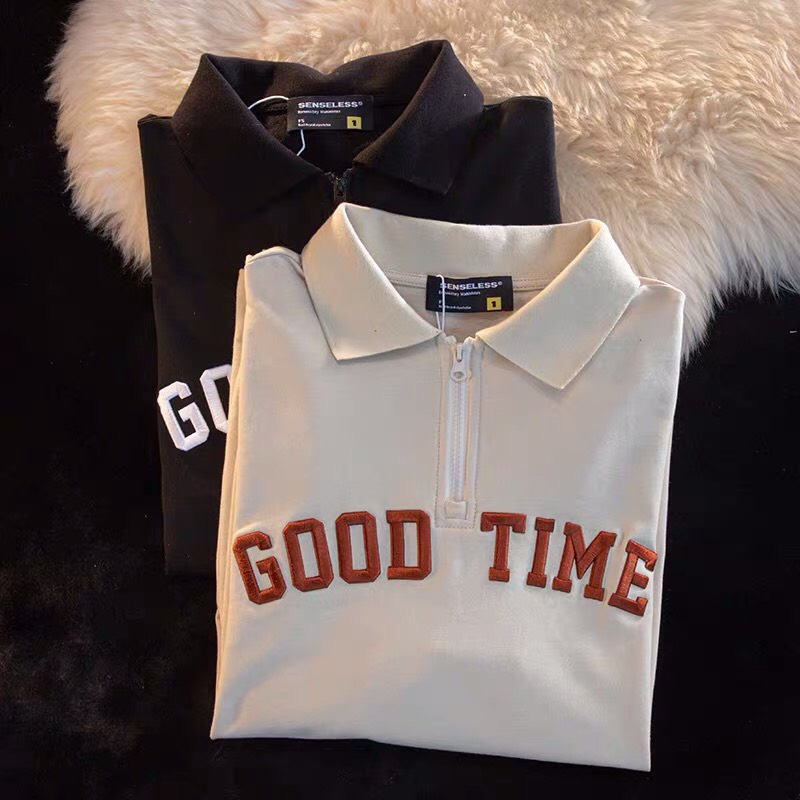 Áo Polo Chất Nỉ Tăm Cổ Bẻ Nam Nữ Phối Cổ Unisex Chữ Good Time Basic Kiểu Dáng Hàn Quốc