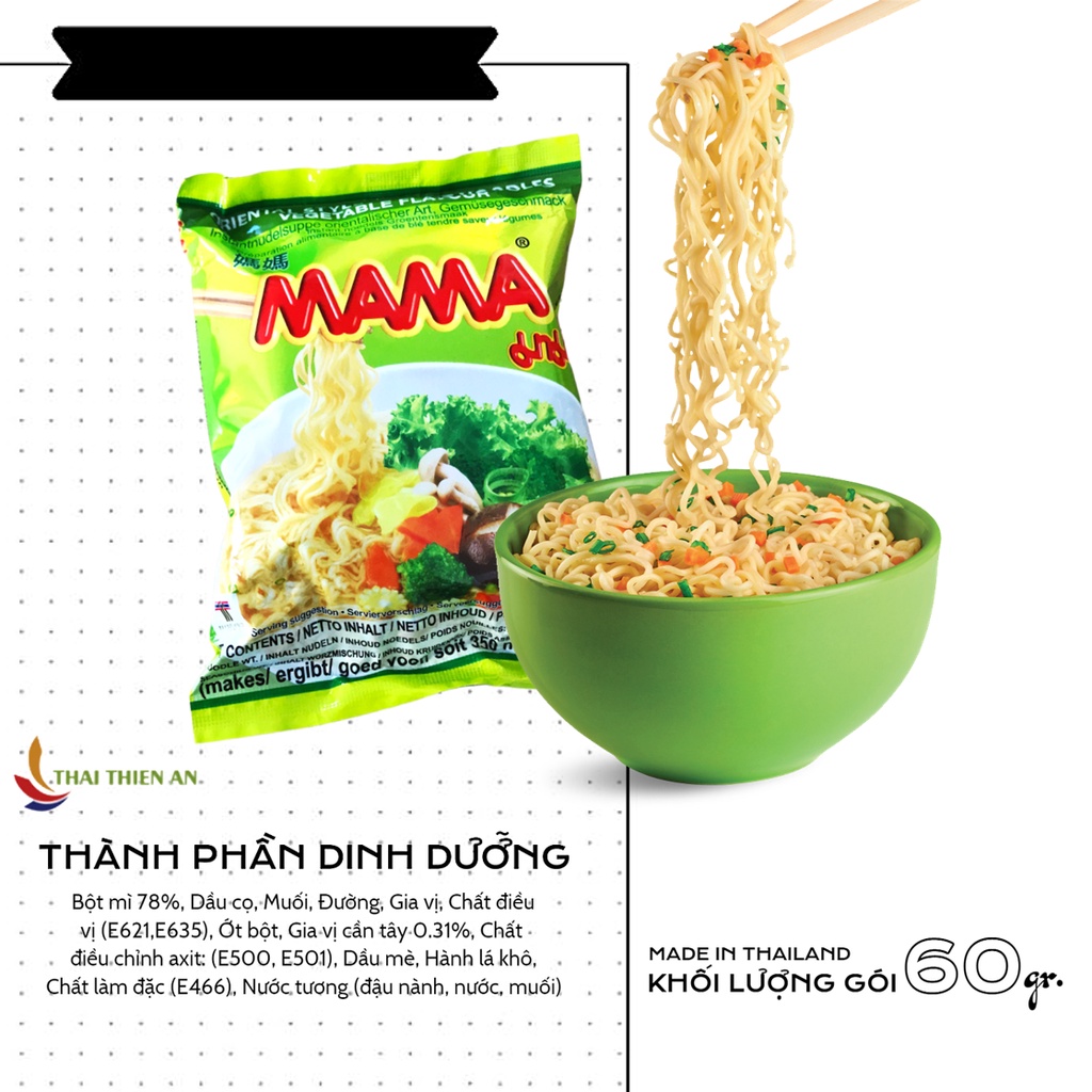 Mì chay rau củ MAMA Thái Lan 60gr - mì gói cho người ăn chay