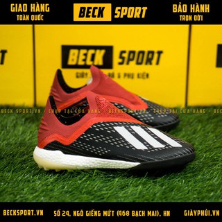 Giày Bóng Đá X 18+ Đen Đỏ Vạch Trắng Không Dây TF