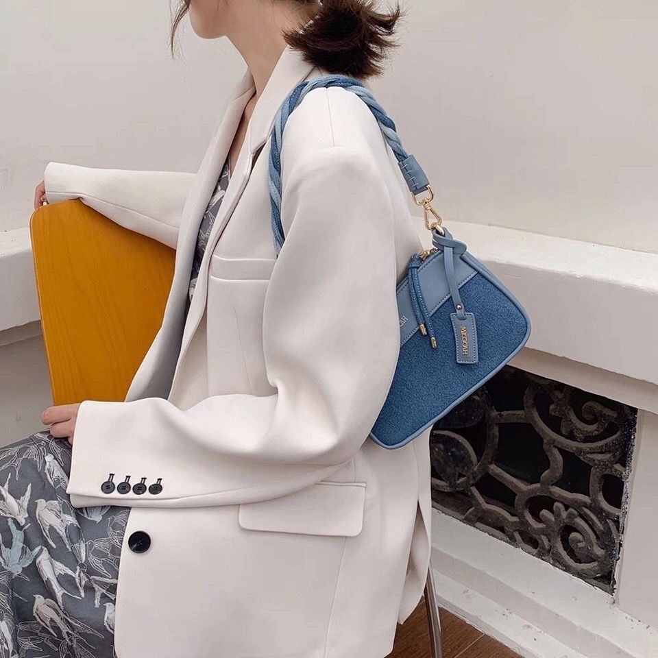 Túi Đeo Vai / Kẹp Nách Vải Denim Màu Xanh Dương Phong Cách Cổ Điển Thời Trang Mới Cho Nữ 2021