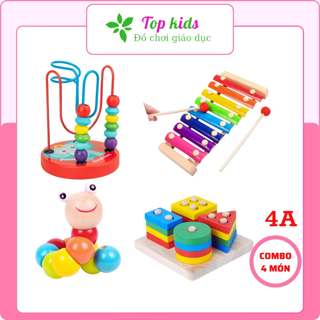 Đồ chơi xếp gỗ montessori combo 4 món bộ ghép hình thông minh cho bé trai bé gái 1 2 3 4 tuổi TOPKIDS