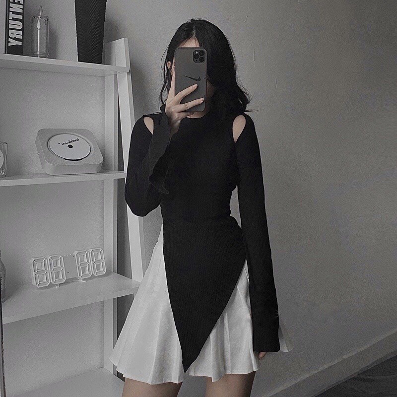 Áo Tay Dài khoét Vai Dáng Ôm Xẻ Tà Cá Tính