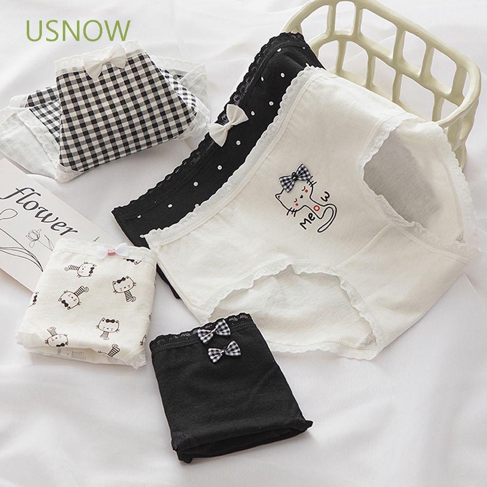 Quần lót cotton lưng vừa thoáng khí họa tiết kẻ sọc phối ren dễ thương phong cách Hàn Quốc cho nữ