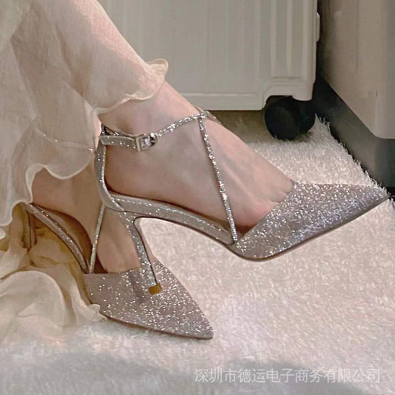 Giày Sandal Cao Gót 7cm Đính Đá Lấp Lánh Cài Khóa Kiểu Pháp Thời Trang Dự Tiệc Cưới