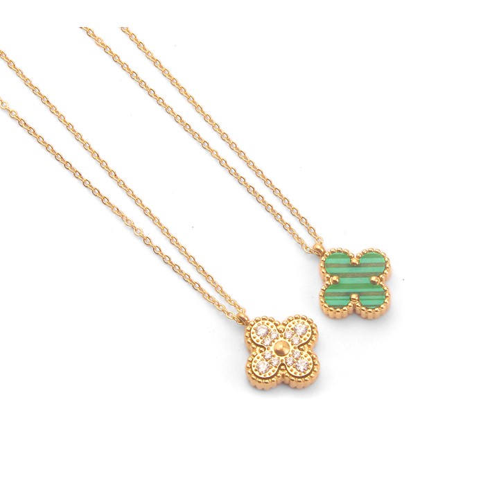 Dây chuyền nữ titan hoa L V 4 cánh đính đá mặt xanh siêu đẹp, bền màu, chuẩn thời trang