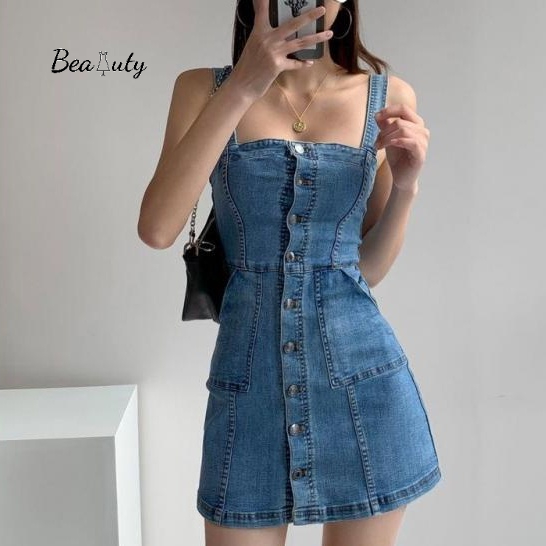 [MURIOKI] Đầm Denim Hai Dây Dáng Chữ A Phong Cách Hàn Quốc Thời Trang 2022 Cho Nữ