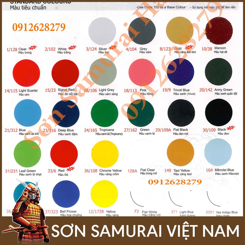 Bảng Giá Sơn Samurai - Mã Màu Tiêu Chuẩn Sơn Samurai