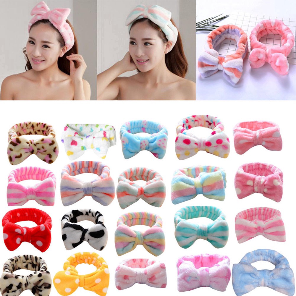 Haimeikang Co giãn Coral nhung Nơ lớn Polka Dot Sọc Băng đô trang điểm Băng đô tắm tóc