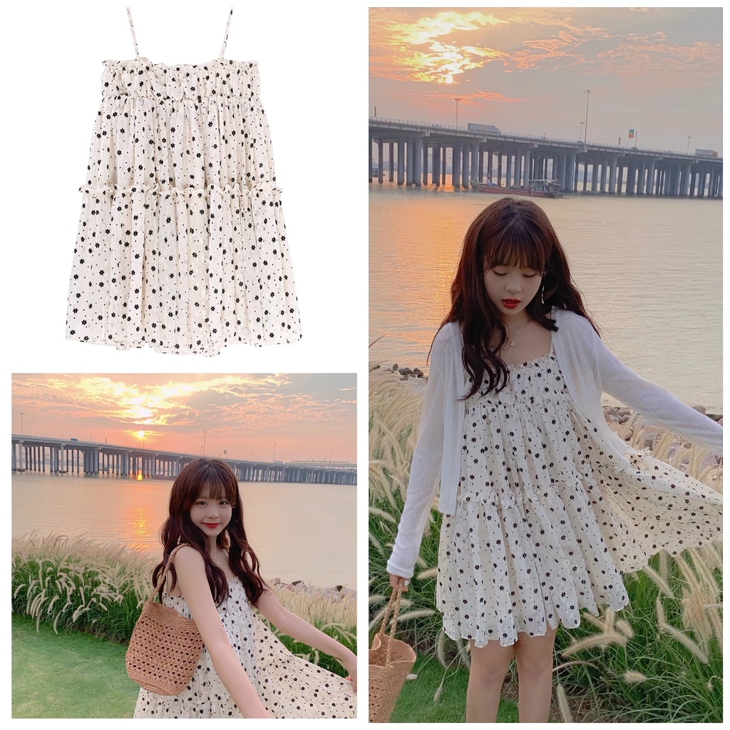 Đầm hoa nhí 2 dây dáng ngắn mini váy xoè màu trắng kèm áo khoác croptop len mỏng Ulzzang