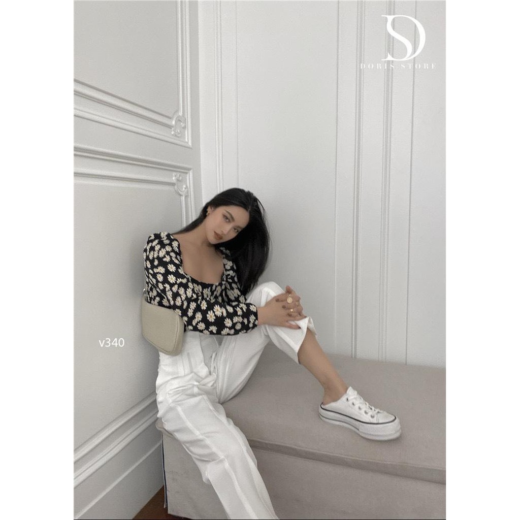 Áo croptop hoa cúc dài tay (sẵn hàng ảnh thật)