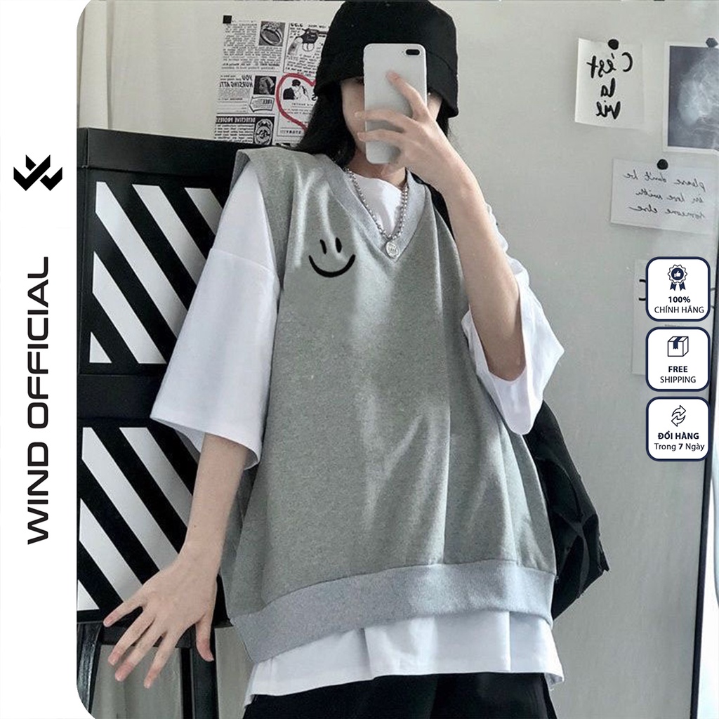 Áo gile unisex WIND form rộng Mặt Cười thời trang nam nữ oversize phong cách ulzzang