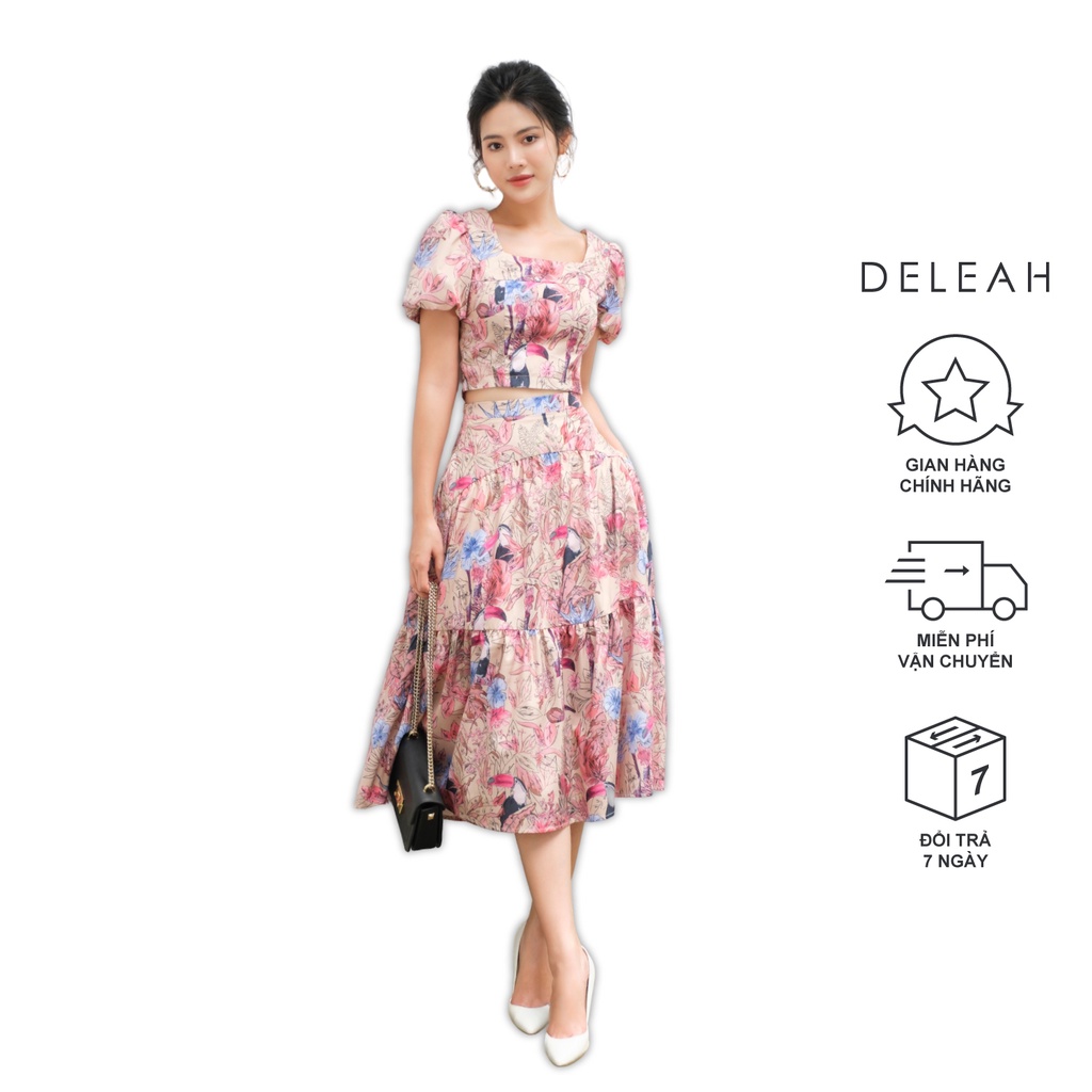 Bộ váy midi tay bồng De Leah hoạ tiết bắt mắt chất liệu lụa mềm mịn tạo cảm giác dễ chịu