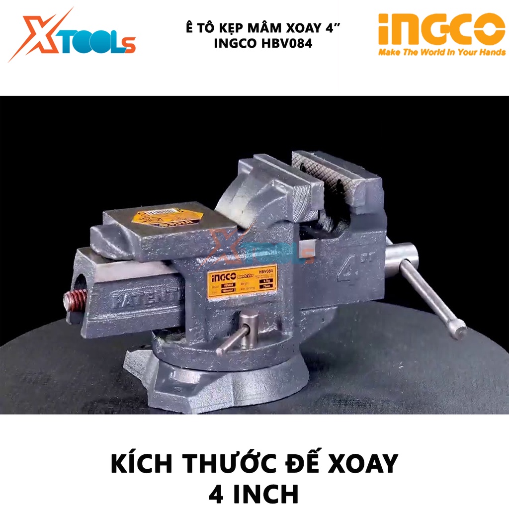 Ê tô kẹp INGCO HBV084 | ê tô kẹp mâm xoay đế xoay 4 inch, trọng lượng 6.7kg, lực kẹp 1300kgs giữ chặt ống thép, thanh th