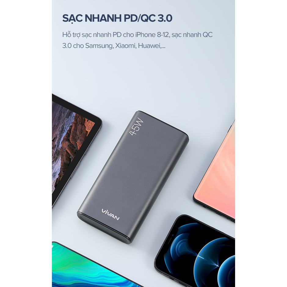 Pin Sạc Dự Phòng 20000mAh VIVAN VPB-L20 45W 2 Cổng Sạc Nhanh Chuẩn PD/QC 3.0 2 Input 3 Output