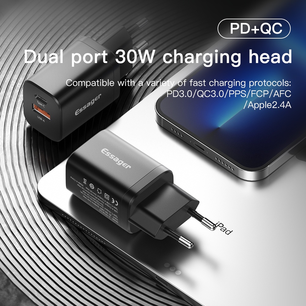 Bộ sạc nhanh Essager 30W QC PD 3.0 USB type c thích hợp cho iP 13 12 iP Xiaomi