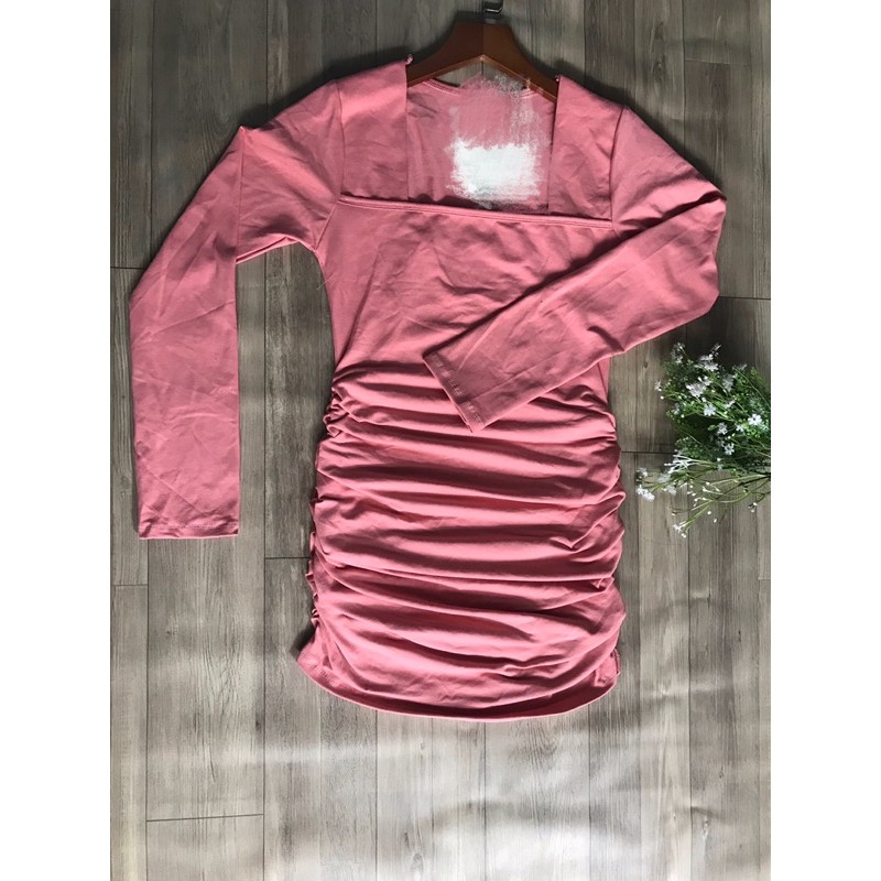 ĐẦM BODY,ĐẦM BODY NHÚN CỔ VUÔNG TAY DÀI