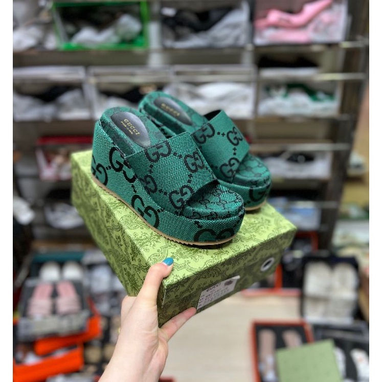 Dép Xuồng GC nữ cao 10-12p  nâu - xanh  form to