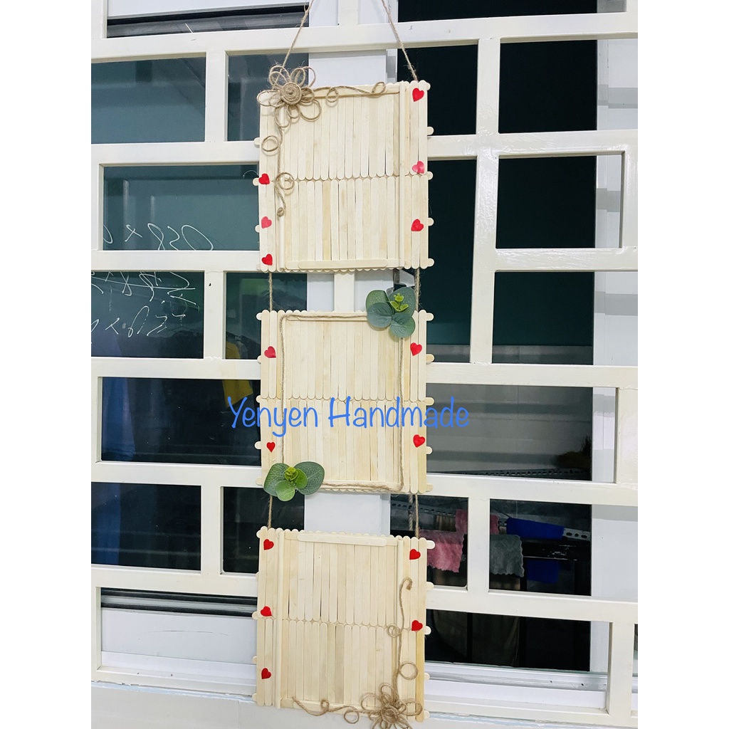 Combo 3 khung ảnh treo tường làm bằng que kem gỗ, khung ảnh handmade