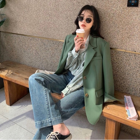 Áo Khoác Blazer Hai Nút Cài Màu Xanh Bơ Dáng Rộng Cỡ Lớn Thời Trang Xuân Thu Cho Nữ