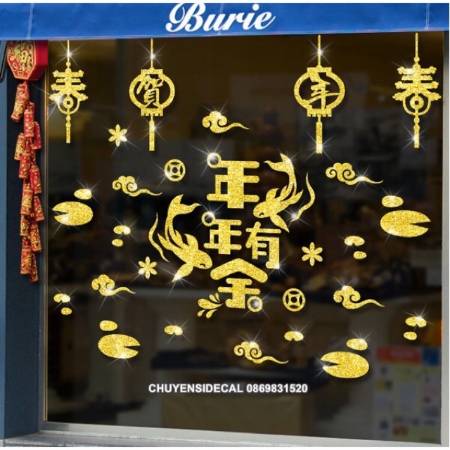 Decal dán Tết - Cá Rồng kèm chữ nhũ