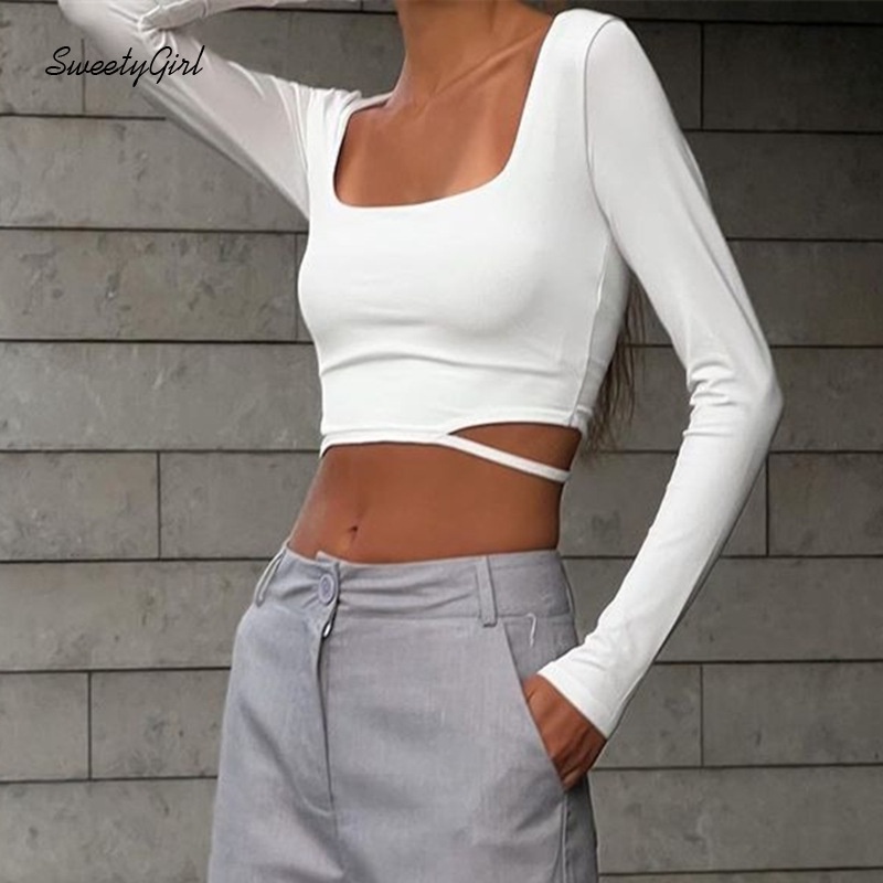 Áo Thun Tay Dài Cổ Vuông Cắt Sâu Màu Trơn Thời Trang 2022 Quyến Rũ Cho Nữ