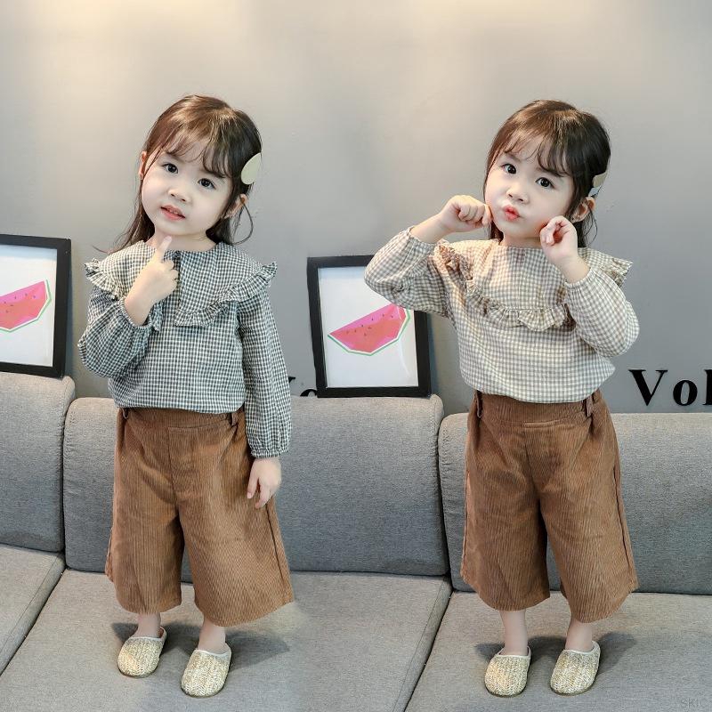 (3C) Set Đồ 2 Món Dài Tay Cổ Tròn Họa Tiết Caro+Quần Dài Ống Rộng Cho Bé Gái (1-4 Tuổi)